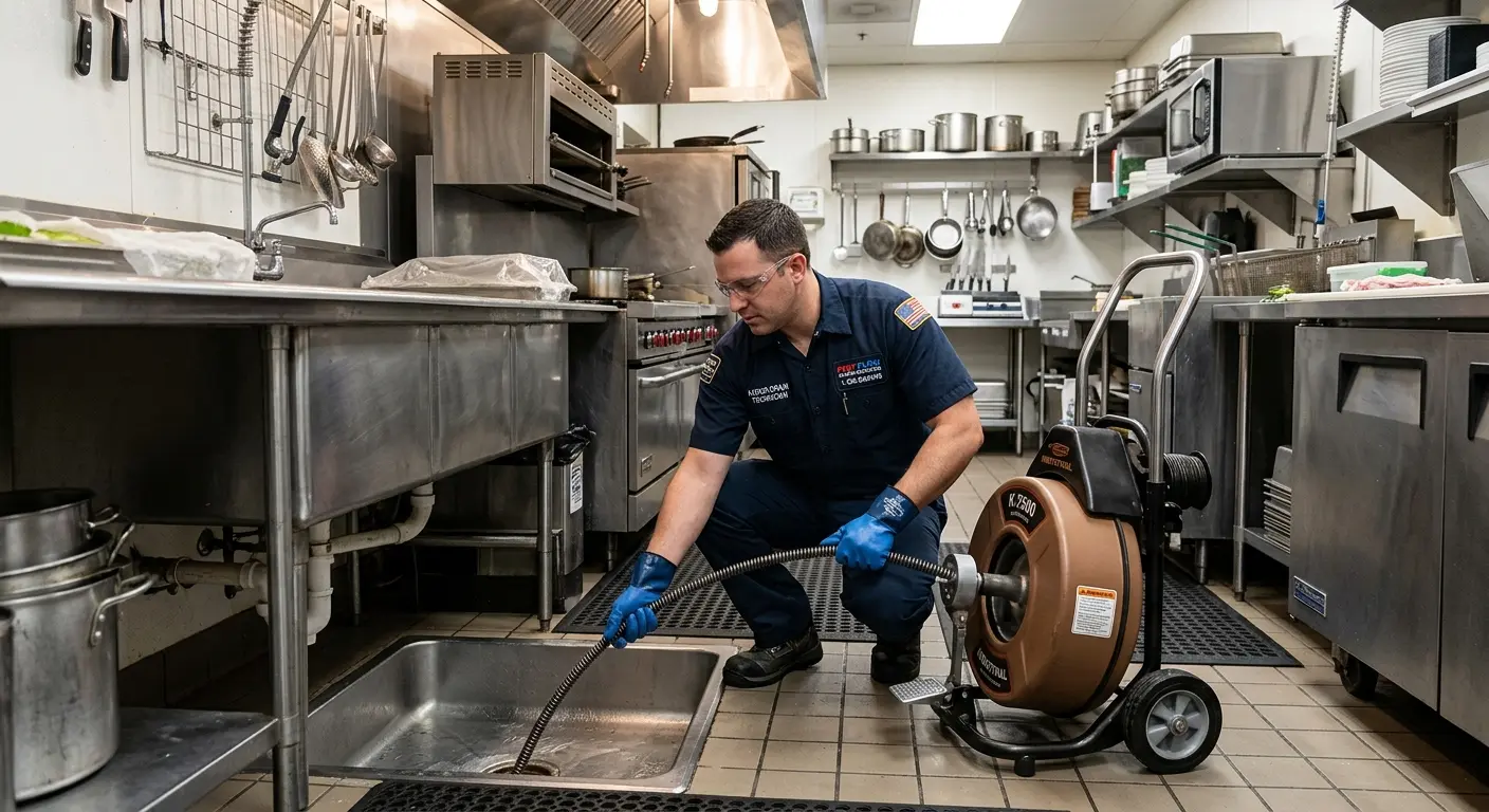 Commercial drain cleaning service in a restaurant kitchen in Cody