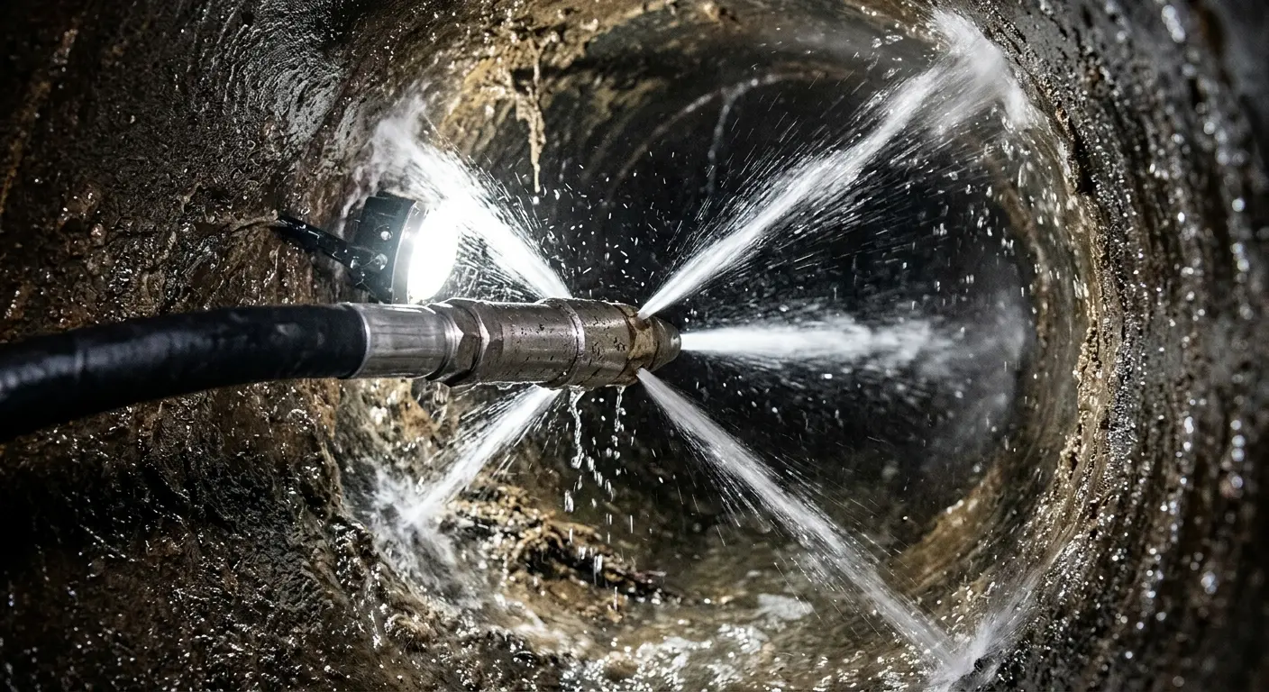 High-pressure hydro jetting nozzle cleaning sewer pipe for Trenchless Sewer Repair in Cody