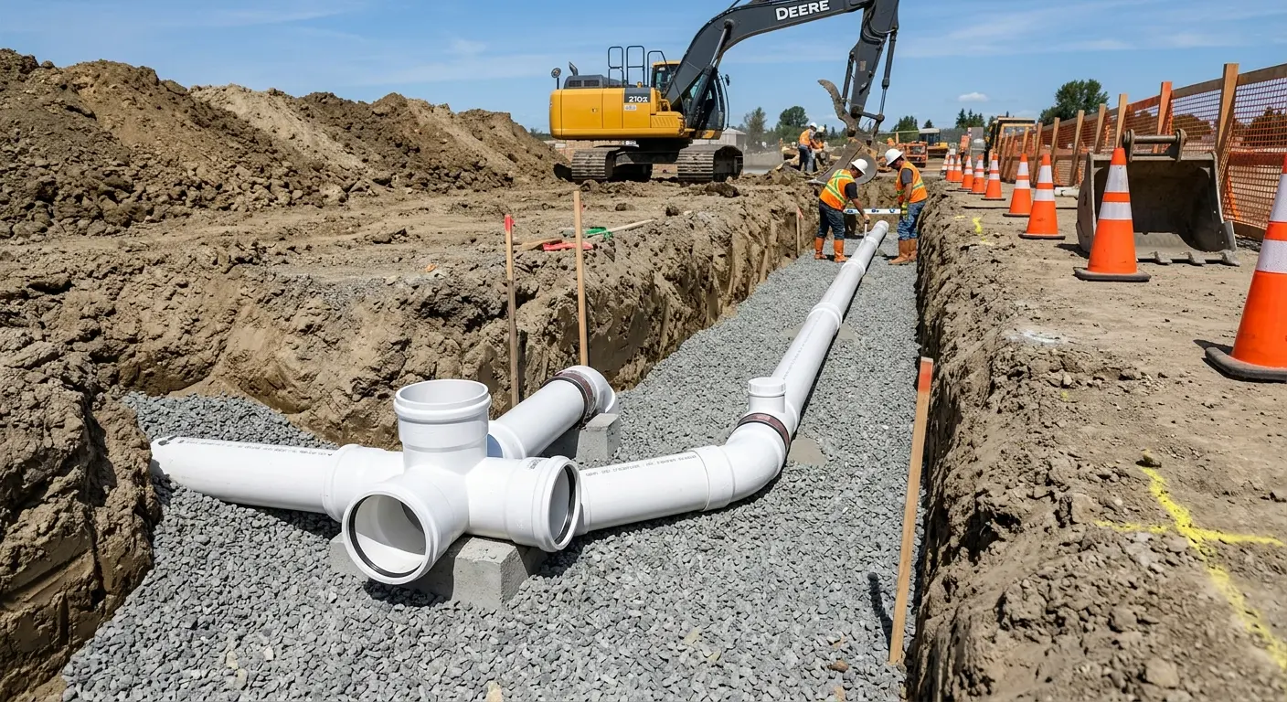 New PVC sewer pipe installation in open trench for Commercial Drain Cleaning in Cody
