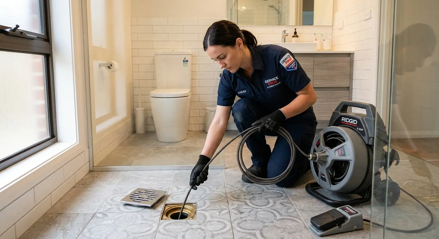 Technician clearing a bathroom floor drain for Clogged Drain Repair in Cody